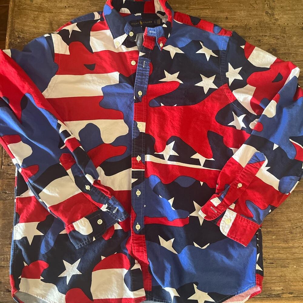 Rare Vintage Ralph Lauren Red White Blue Patriotic long sleeve button down